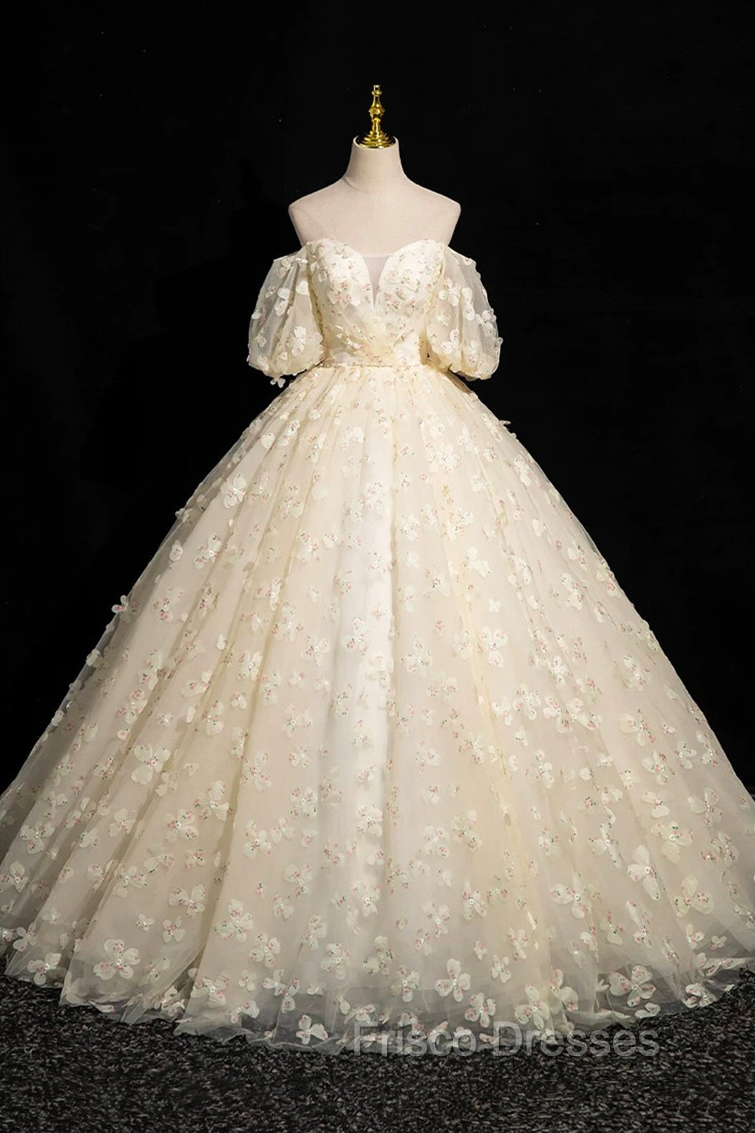 Elegant A-Line Tulle Floor Length Formal Prom Dress, Champagne Off The Shoulder Evening Party Dress