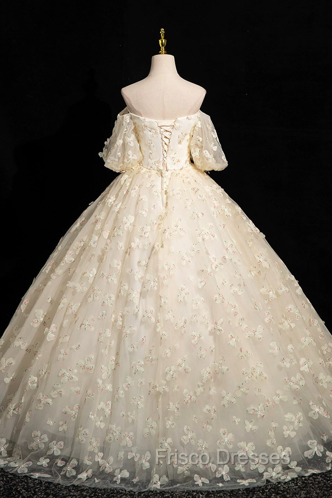 Elegant A-Line Tulle Floor Length Formal Prom Dress, Champagne Off The Shoulder Evening Party Dress