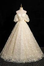 Elegant A-Line Tulle Floor Length Formal Prom Dress, Champagne Off The Shoulder Evening Party Dress