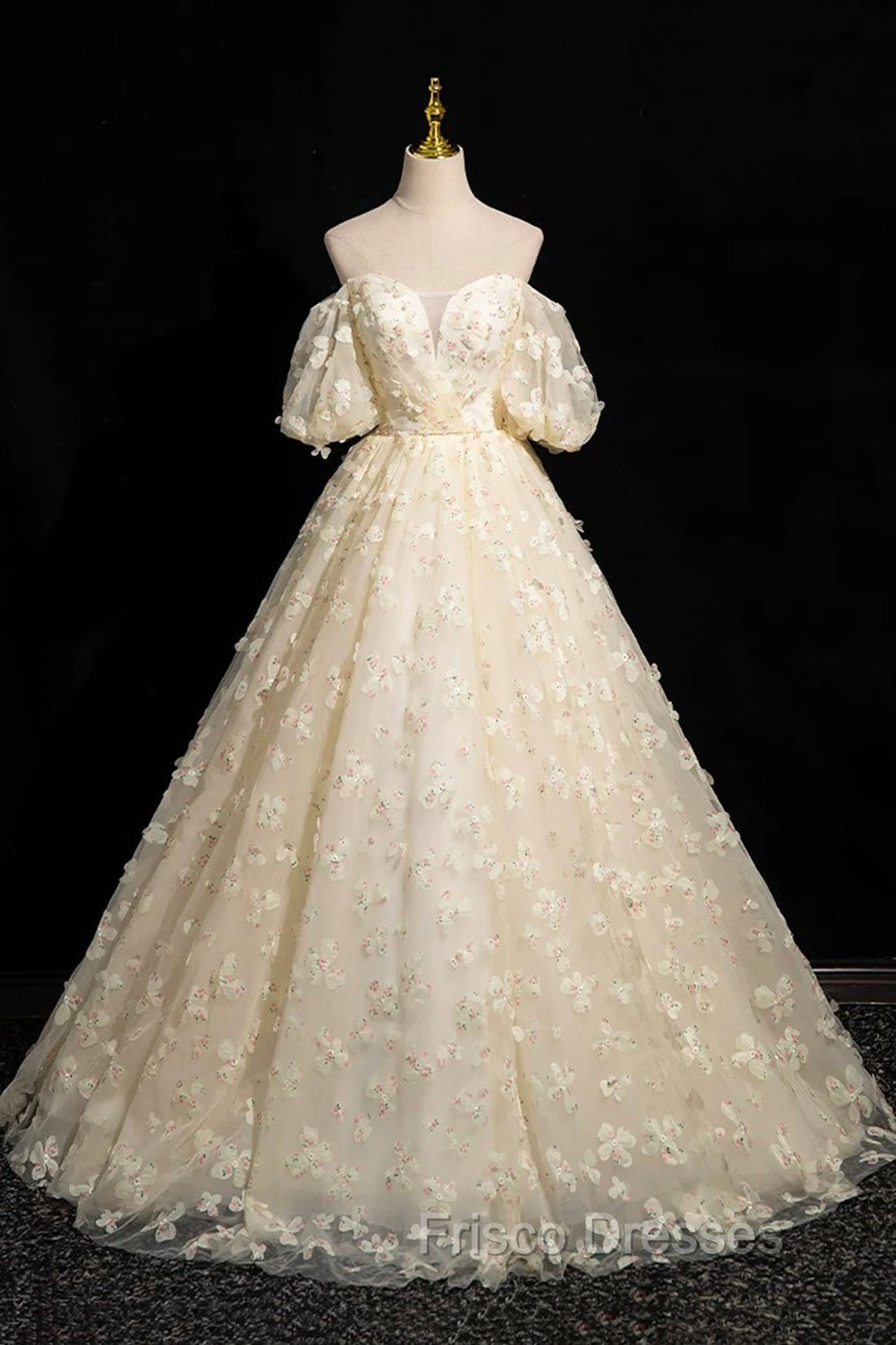 Elegant A-Line Tulle Floor Length Formal Prom Dress, Champagne Off The Shoulder Evening Party Dress
