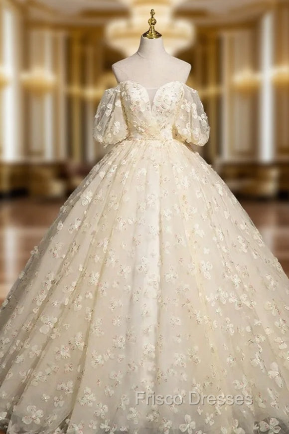 Elegant A-Line Tulle Floor Length Formal Prom Dress, Champagne Off The Shoulder Evening Party Dress Main image
