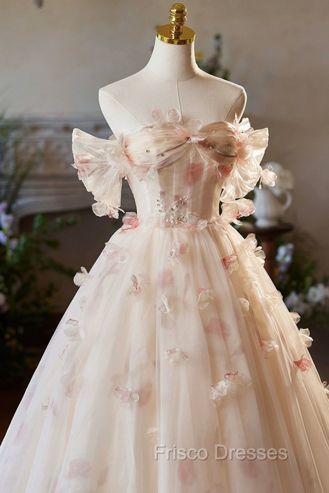Elegant A-Line Tulle Floor Length Formal Prom Dress, Champagne Off The Shoulder Party Dress