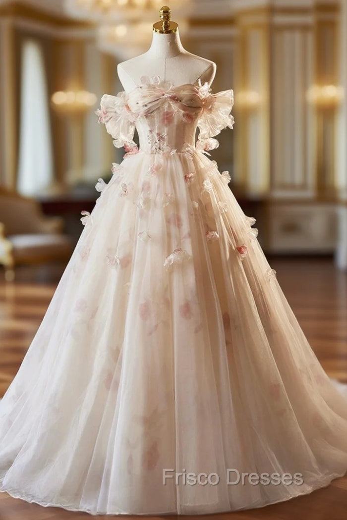 Elegant A-Line Tulle Floor Length Formal Prom Dress, Champagne Off The Shoulder Party Dress Main image