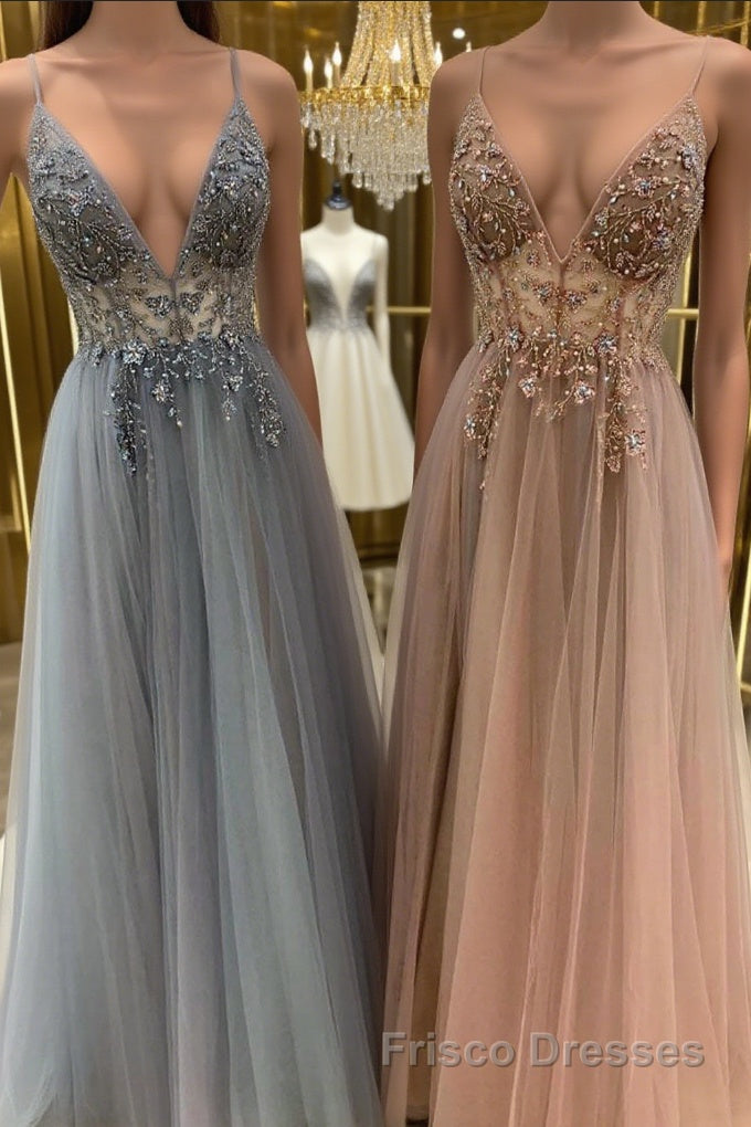 Elegant A line tulle lace long Formal Prom Dresses, tulle formal Dresses Main image