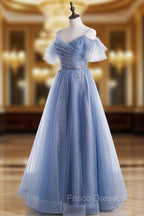 Elegant  A line Tulle Sequin Blue Long Formal Prom Dress, Tulle Blue Formal Evening Dress