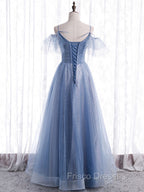 Elegant  A line Tulle Sequin Blue Long Formal Prom Dress, Tulle Blue Formal Evening Dress