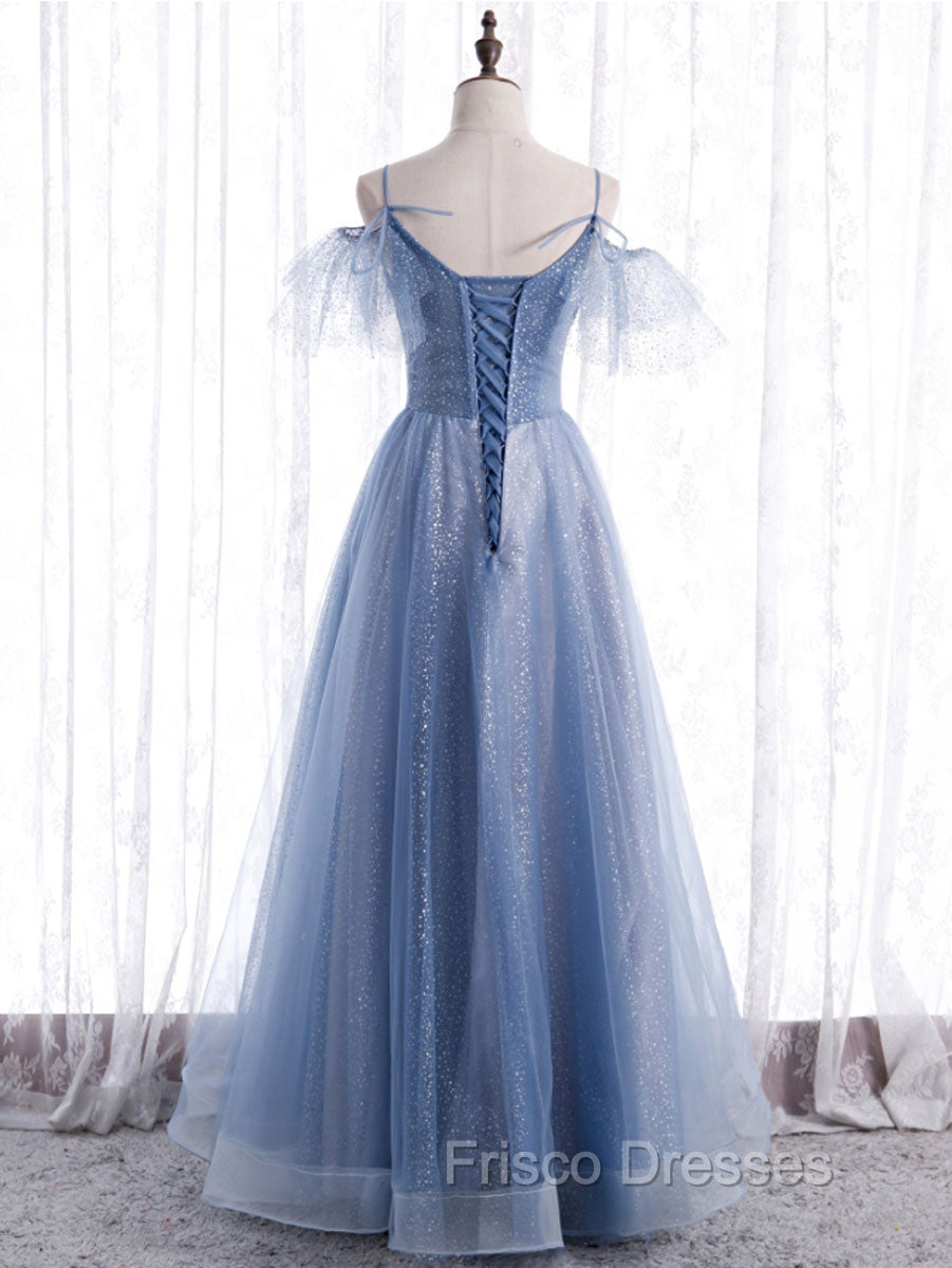 Elegant  A line Tulle Sequin Blue Long Formal Prom Dress, Tulle Blue Formal Evening Dress
