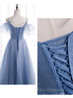 Elegant  A line Tulle Sequin Blue Long Formal Prom Dress, Tulle Blue Formal Evening Dress