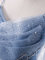 Elegant  A line Tulle Sequin Blue Long Formal Prom Dress, Tulle Blue Formal Evening Dress