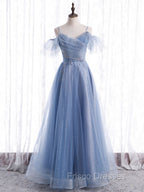 Elegant  A line Tulle Sequin Blue Long Formal Prom Dress, Tulle Blue Formal Evening Dress