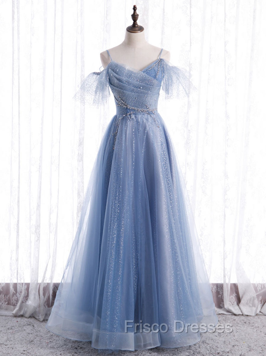 Elegant  A line Tulle Sequin Blue Long Formal Prom Dress, Tulle Blue Formal Evening Dress