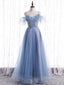 Elegant  A line Tulle Sequin Blue Long Formal Prom Dress, Tulle Blue Formal Evening Dress