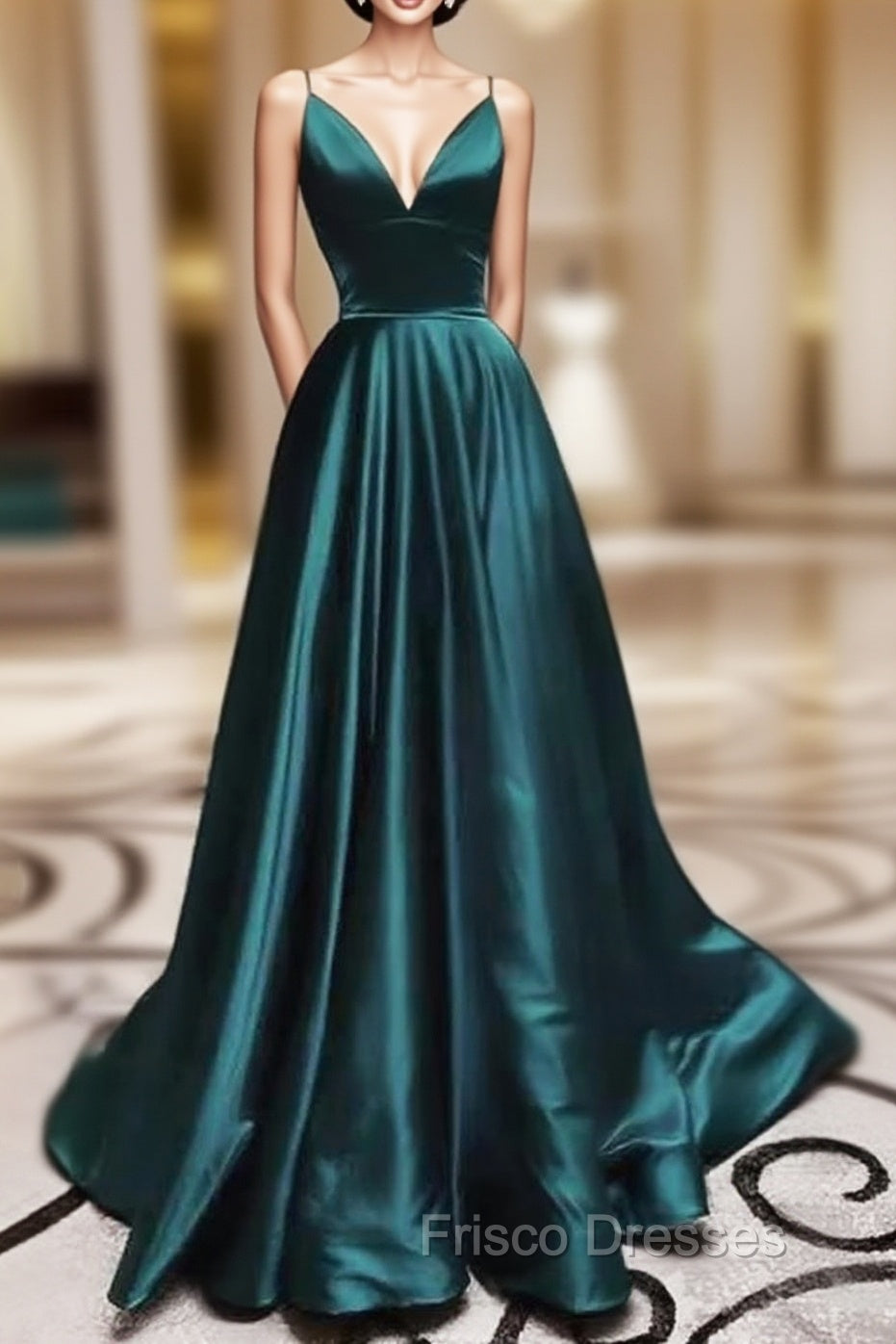 Elegant A-line V Neck Long Formal Prom Dress with Pleated Charmeuse Skirt Main image