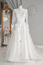 Elegant A-Line V-Neck Long Sleeved Ivory Sheer And Floor Length Wedding Dress