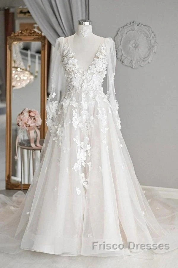 Elegant A-Line V-Neck Long Sleeved Ivory Sheer And Floor Length Wedding Dress