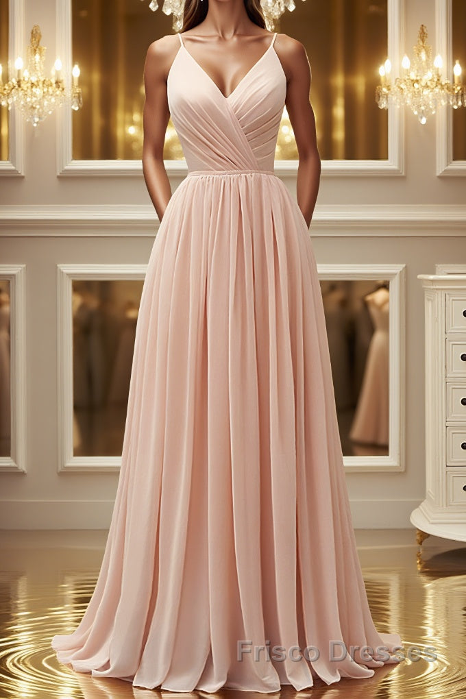 Elegant A Line V Neck Pink Long Formal Prom Dresses, Pink Formal Graduation Evening Dresses