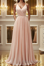 Elegant A Line V Neck Pink Long Formal Prom Dresses, Pink Formal Graduation Evening Dresses