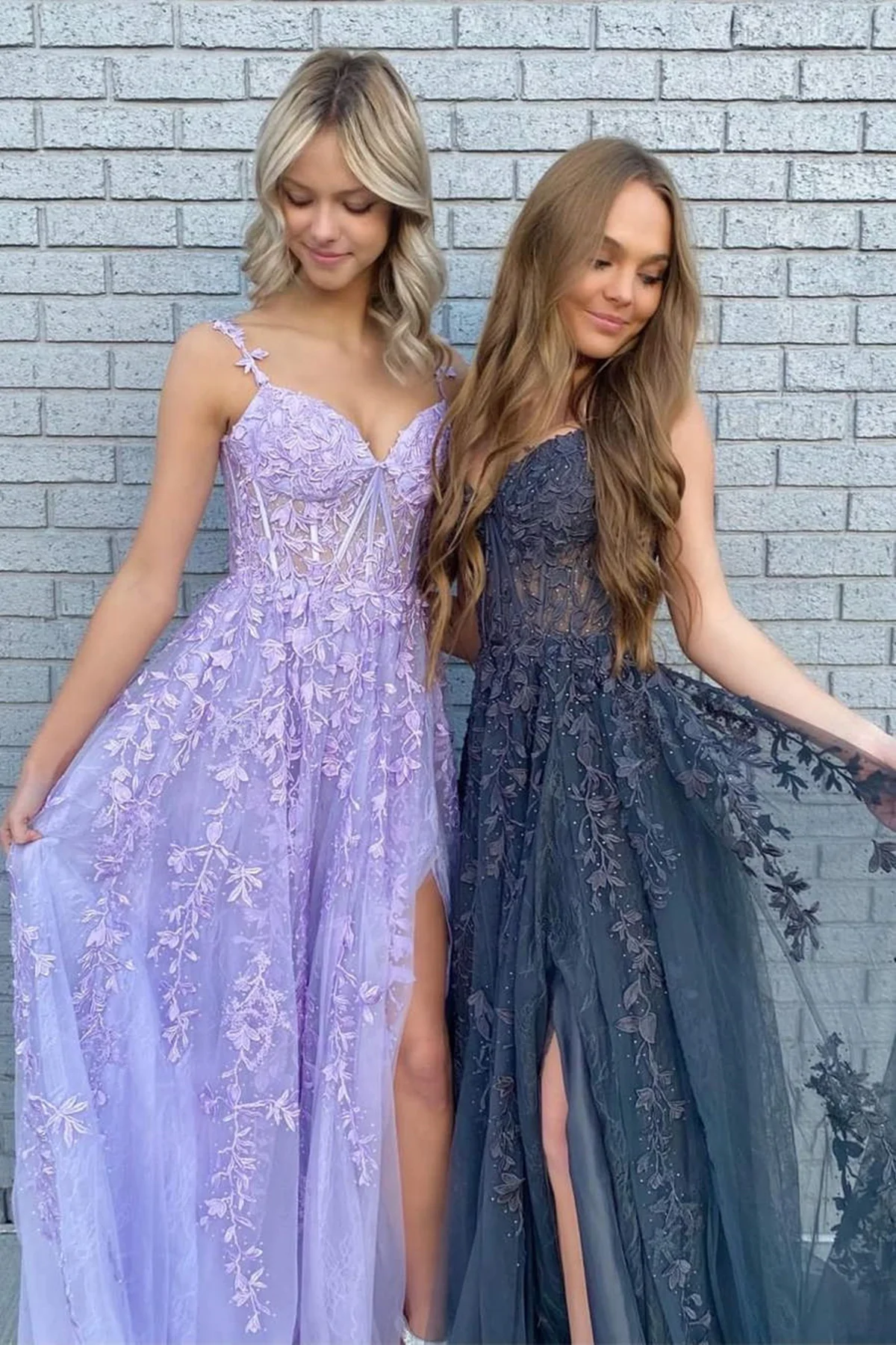 Elegant A Line V Neck Purple/Black Tulle Lace Long Prom Dresses, Purple/Black Lace Formal Graduation Evening Dress