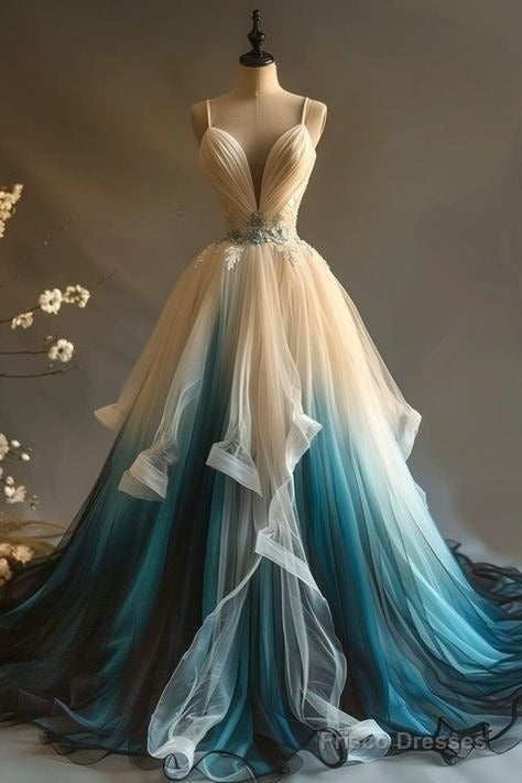 Elegant A-Line V-Neck Tulle Applique Long Prom Dress, Spaghetti Strap Vintage Evening Dress Secondary image