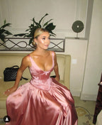 Elegant A Line V Neckline Floor-Length Satin Long Pink Evening Dress Prom Dresses