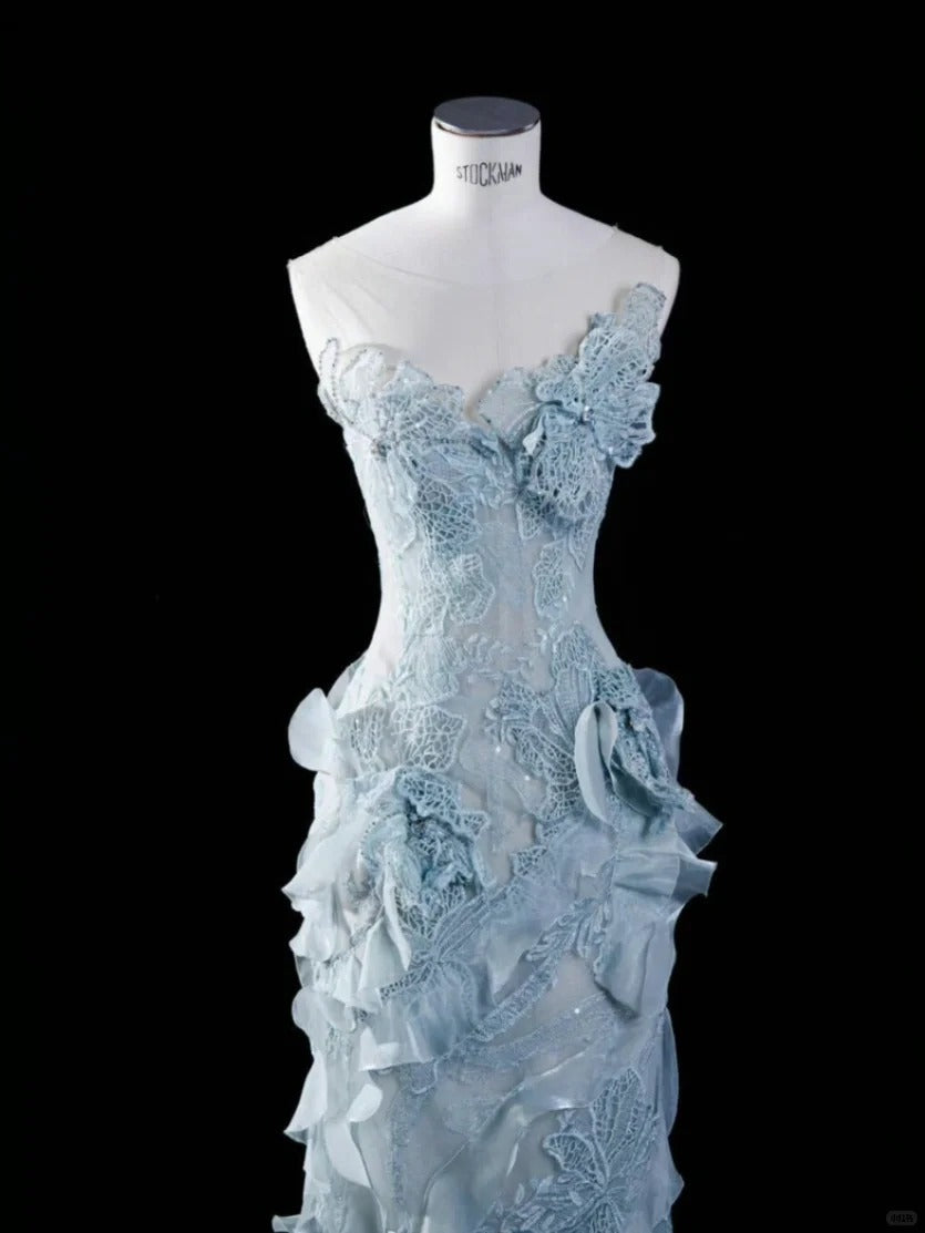 Elegant and dreamy light blue tube top lace flower mermaid wedding dress