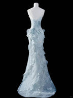 Elegant and dreamy light blue tube top lace flower mermaid wedding dress