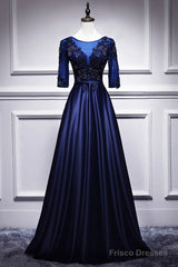 Elegant And Noble Blue Short Sleeved Lace Decal Ball Dress With Blue V-Neck Satin And Beaded Back Zipper And Floor Length Evening Dress