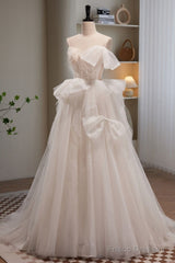 Elegant And Noble Ivory Sleeveless Off Shoulder Beaded Bow Evening Dress Ivory Thin Shoulder Strap Off Back Strap Prom Dress