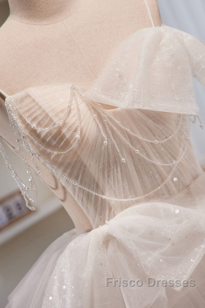 Elegant And Noble Ivory Sleeveless Off Shoulder Beaded Bow Evening Dress Ivory Thin Shoulder Strap Off Back Strap Formal Prom Dress