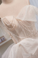 Elegant And Noble Ivory Sleeveless Off Shoulder Beaded Bow Evening Dress Ivory Thin Shoulder Strap Off Back Strap Prom Dress