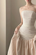 Elegant And Retro Pink And White Irregular Tulle Long Prom Dress Evening Dress Wedding DressP4026