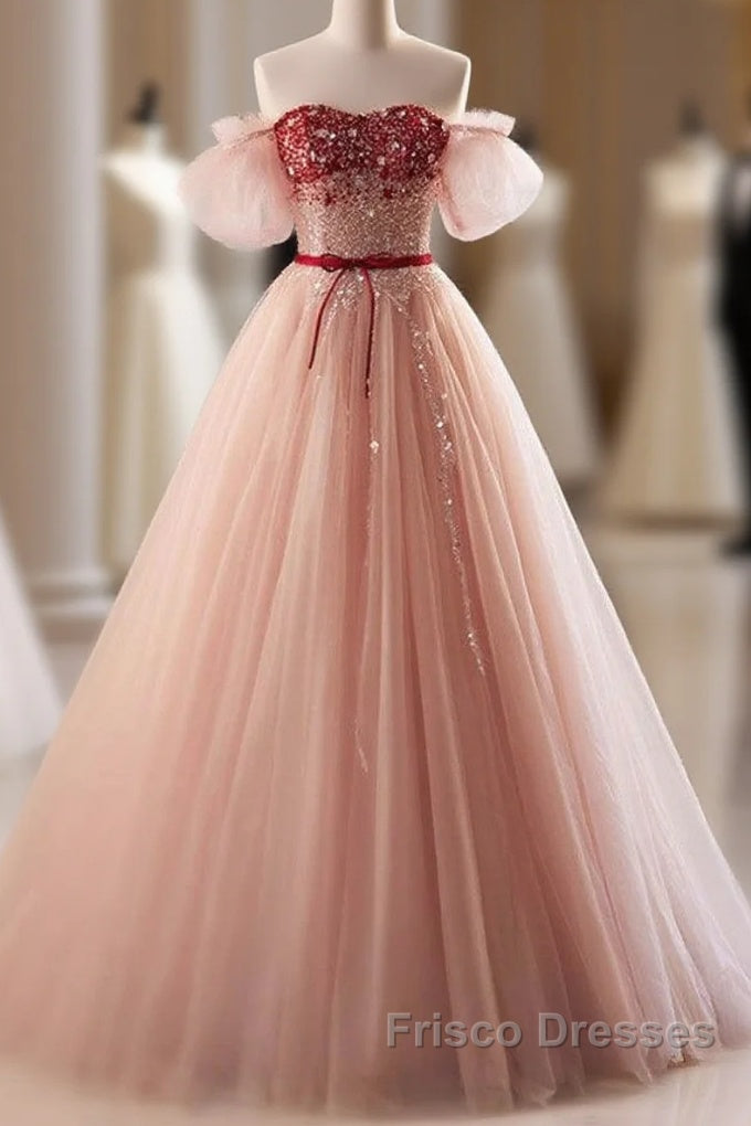 Elegant And Sweet Powder Blusher Powder Beading Sequins Off Shoulder Short Sleeve Formal Prom Dress Powder Blusher Powder A-Shaped Princess Bow Belt Tulle Backless And Floor Length Evening Dress Main image