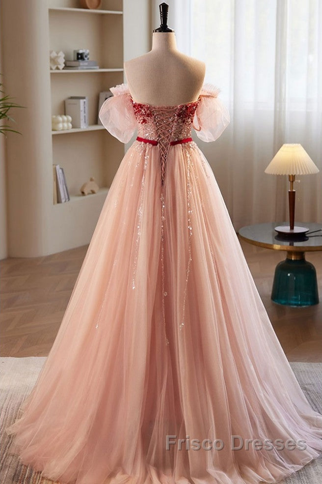 Elegant And Sweet Powder Blusher Powder Beading Sequins Off Shoulder Short Sleeve Formal Prom Dress Powder Blusher Powder A-Shaped Princess Bow Belt Tulle Backless And Floor Length Evening Dress