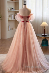 Elegant And Sweet Powder Blusher Powder Beading Sequins Off Shoulder Short Sleeve Formal Prom Dress Powder Blusher Powder A-Shaped Princess Bow Belt Tulle Backless And Floor Length Evening Dress