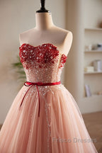 Elegant And Sweet Powder Blusher Powder Beading Sequins Off Shoulder Short Sleeve Formal Prom Dress Powder Blusher Powder A-Shaped Princess Bow Belt Tulle Backless And Floor Length Evening Dress