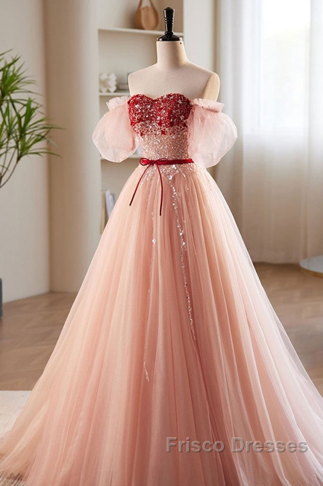 Elegant And Sweet Powder Blusher Powder Beading Sequins Off Shoulder Short Sleeve Formal Prom Dress Powder Blusher Powder A-Shaped Princess Bow Belt Tulle Backless And Floor Length Evening Dress Secondary image