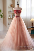 Elegant And Sweet Powder Blusher Powder Beading Sequins Off Shoulder Short Sleeve Formal Prom Dress Powder Blusher Powder A-Shaped Princess Bow Belt Tulle Backless And Floor Length Evening Dress