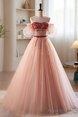 Elegant And Sweet Powder Blusher Powder Beading Sequins Off Shoulder Short Sleeve Prom Dress Powder Blusher Powder A-Shaped Princess Bow Belt Tulle Backless And Floor Length Evening Dress