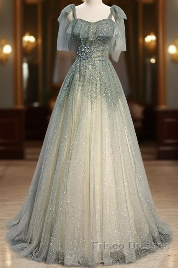 Elegant And Sweet Sage Green Sleeveless Off Shoulder Beads With Sparkling Sheer Sequins Formal Prom Dress Sage Green A-Line Princess Shoulder Off Back Sweeping Train Ruffle Edge Evening Dress