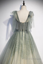 Elegant And Sweet Sage Green Sleeveless Off Shoulder Beads With Sparkling Sheer Sequins Formal Prom Dress Sage Green A-Line Princess Shoulder Off Back Sweeping Train Ruffle Edge Evening Dress