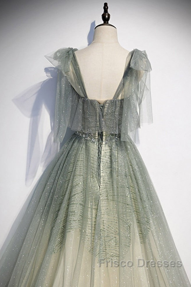 Elegant And Sweet Sage Green Sleeveless Off Shoulder Beads With Sparkling Sheer Sequins Formal Prom Dress Sage Green A-Line Princess Shoulder Off Back Sweeping Train Ruffle Edge Evening Dress