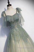 Elegant And Sweet Sage Green Sleeveless Off Shoulder Beads With Sparkling Sheer Sequins Formal Prom Dress Sage Green A-Line Princess Shoulder Off Back Sweeping Train Ruffle Edge Evening Dress