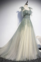 Elegant And Sweet Sage Green Sleeveless Off Shoulder Beads With Sparkling Sheer Sequins Formal Prom Dress Sage Green A-Line Princess Shoulder Off Back Sweeping Train Ruffle Edge Evening Dress
