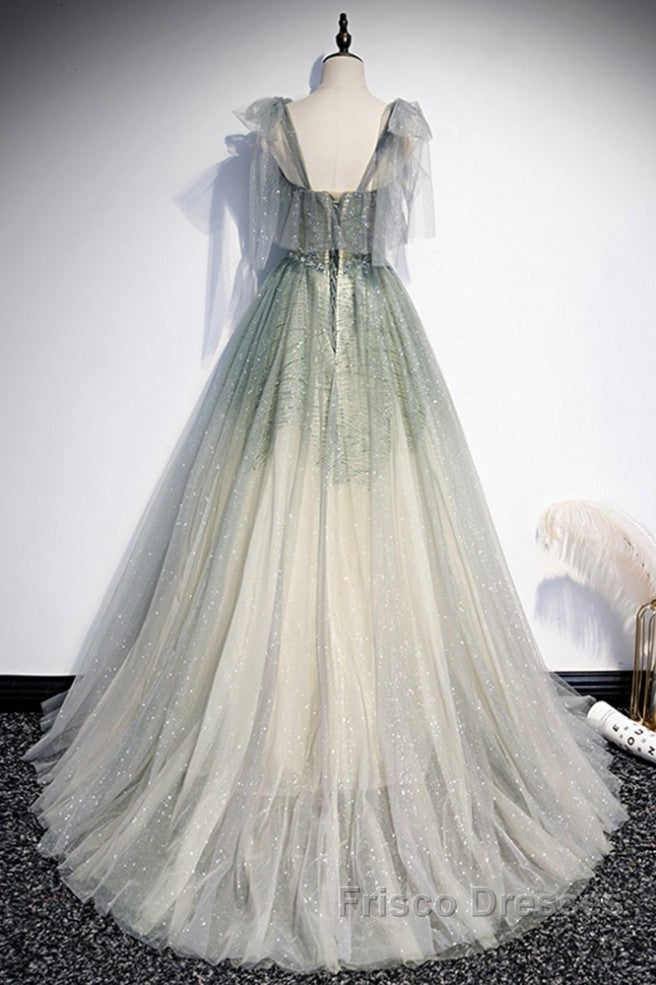 Elegant And Sweet Sage Green Sleeveless Off Shoulder Beads With Sparkling Sheer Sequins Formal Prom Dress Sage Green A-Line Princess Shoulder Off Back Sweeping Train Ruffle Edge Evening Dress