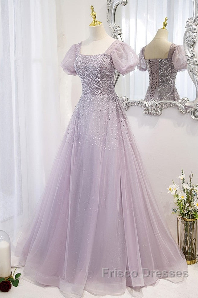 Elegant And Unique Lavender Square Neckline Fluffy Short Sleeved Beaded Sequin Ball Dress Lavender A-Line Princess Sheer Backless Strap And Floor Length Evening Dress Secondary image