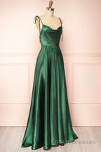 Elegant Backless Green Satin Long Formal Prom Dresses, Backless Green Formal Graduation Evening Dresses