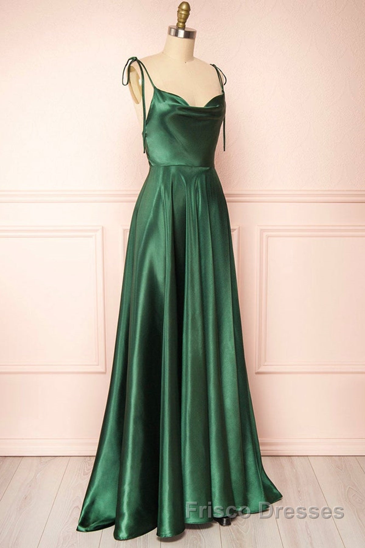Elegant Backless Green Satin Long Formal Prom Dresses, Backless Green Formal Graduation Evening Dresses