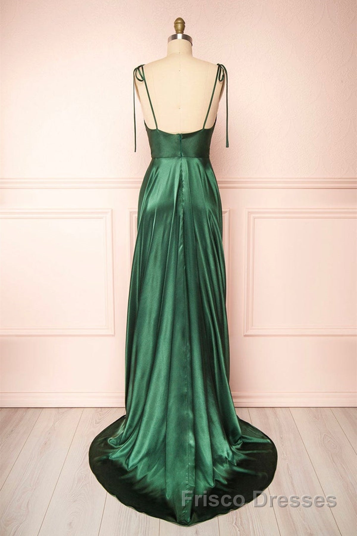 Elegant Backless Green Satin Long Formal Prom Dresses, Backless Green Formal Graduation Evening Dresses