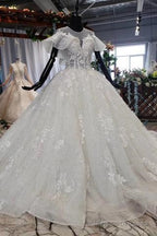Elegant Ball Gown Big Wedding Dresses, Appliques Bridal Dress With Short Sleeves