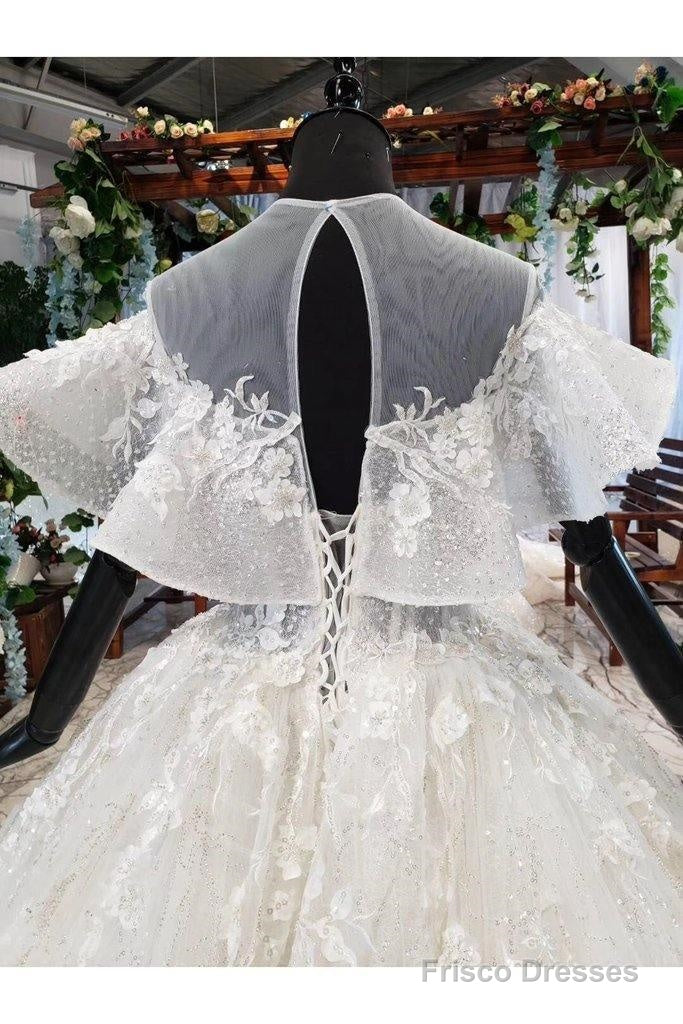 Elegant Ball Gown Big Wedding Dresses, Appliques Bridal Dress With Short Sleeves